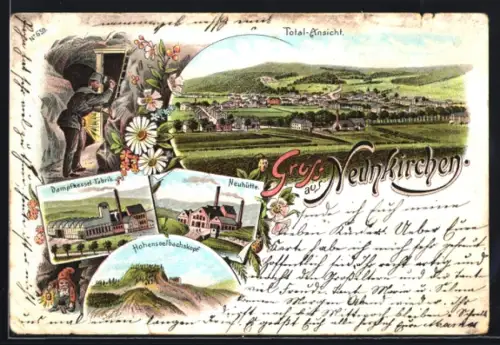 Lithographie Neunkirchen, Totalansicht, Neuhütte, Dampfkessel-Fabrik und Hohenseelbachskopf