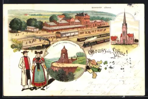 Lithographie Löhne, Bahnhof mit Gleisen u. Zügen, Kirche, Trachtenpaar