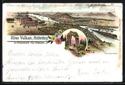 Lithographie Rodderberg /Mehlem, Gaststätte zum Alten Vulkan und Rolandseck, Panorama, Ruine