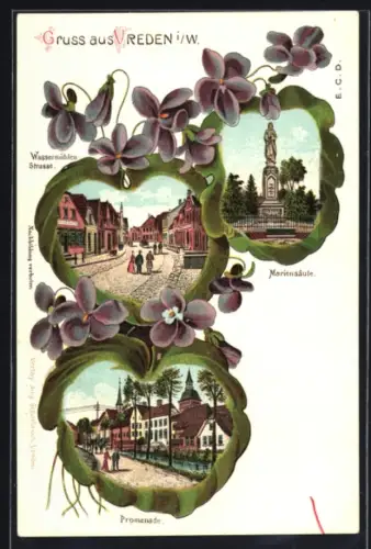 Passepartout-Lithographie Vreden i. W., Mariensäule, Promenade, Wassermühlenstrasse, Blätterpassepartout mit Veilchen