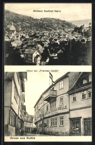 AK Ruhla, Hotel zur Frischen Quelle, Inh. Johanes Roterberg, Mittlerer Stadtteil aus der Vogelschau