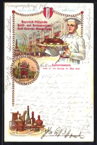 Lithographie Kaiserslautern, Bayerisch-Pfälzische Hotel- und Restaurant-Fach-Gewerbe-Ausstellung 1902, Hauptportal