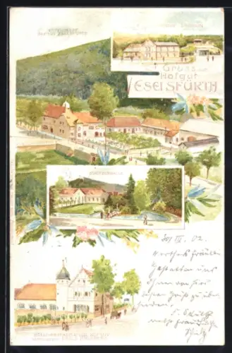 Lithographie Eselsfürth, Hotel Restaurant Hofgut v. Ewald Hulsberg, Schützenhalle