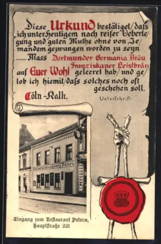 AK Köln-Kalk, Restaurant Georg Peters, Hauptstrasse 221, Urkunde mit Siegel