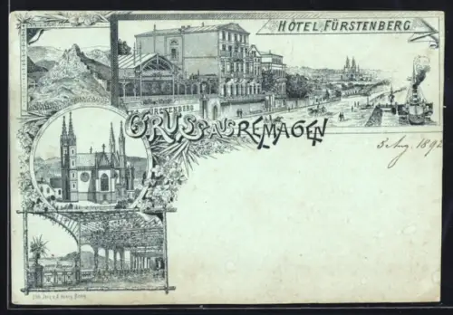 Lithographie Remagen, Hotel Fürstenberg, Blick zur Kirche