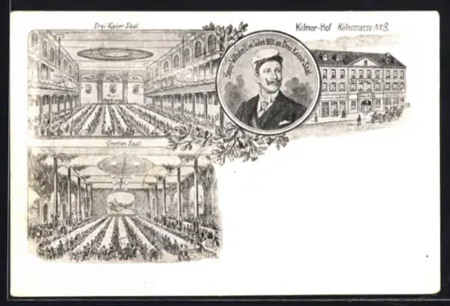 Lithographie Bonn, Gasthof Kölner Hof, Kölnstrasse 8, Drei Kaiser Saal, Grotten Saal