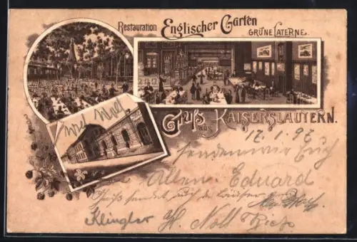 Lithographie Kaiserslautern, Restaurant Englischer Garten, Innen- und Aussenansicht