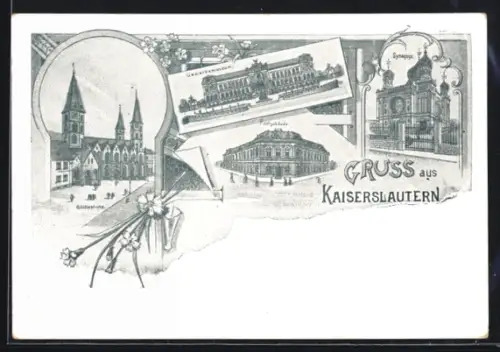 Lithographie Kaiserslautern, Synagoge, Postgebäude, Gewerbemuseum