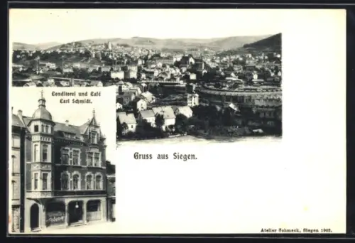 AK Siegen, Conditorei und Cafe Carl Schmidt, Ortspanorama
