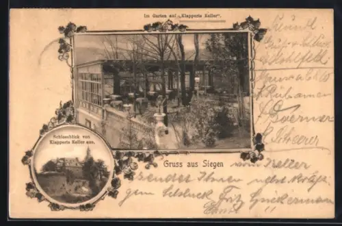 AK Siegen, Gasthof Klapperts Keller, Schlossblick vom Gasthaus aus