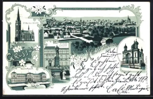 Lithographie Kaiserslautern, Synagoge, Gewerbe-Museum, St. Marien-Kirche