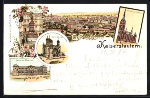 Lithographie Kaiserslautern, Gewerbemuseum, St. Marienkirche, Synagoge