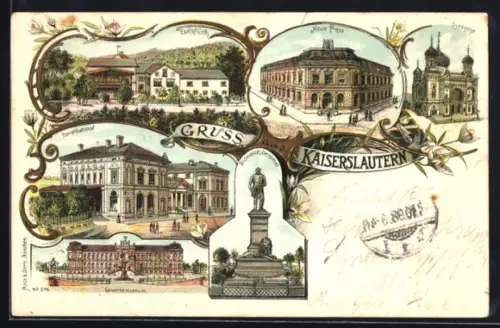 Lithographie Kaiserslautern, Synagoge, Neue Post, Hauptbahnhof, Gewerbemuseum, Bismarck-Denkmal, Eselsfürth