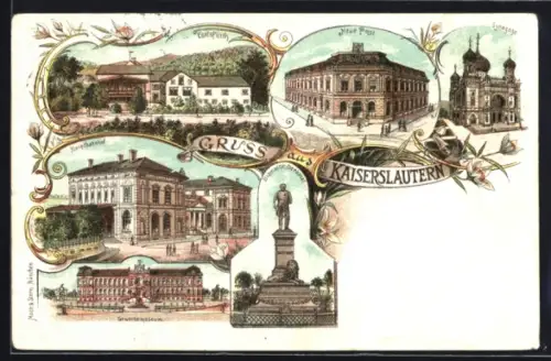 Lithographie Kaiserslautern, Synagoge, Neue Post, Hauptbahnhof, Gewerbemuseum, Bismarck-Denkmal, Eselsfürth
