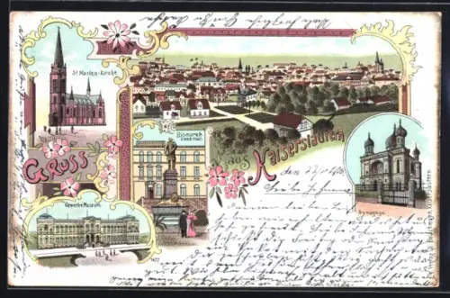 Lithographie Kaiserslautern, Synagoge, Bismarckdenkmal, St. Marienkirche
