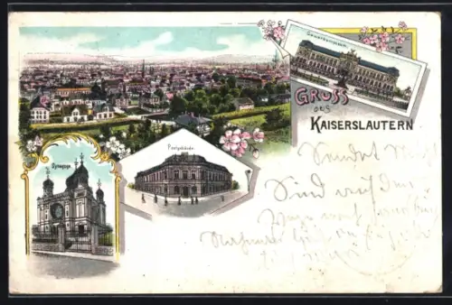 Lithographie Kaiserslautern, Synagoge, Postgebäude, Gewerbemuseum