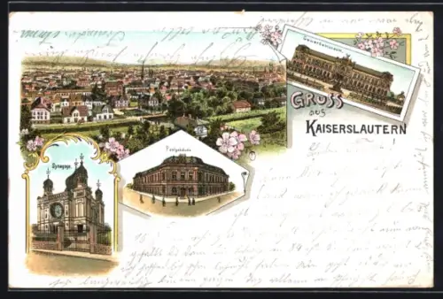 Lithographie Kaiserslautern, Synagoge, Gewerbemuseum, Postgebäude