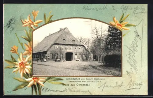 Grusskarten-AK Hamburg-Ochsenzoll, Gasthaus von Gustav Dieckmann im Passepartout mit Blumen