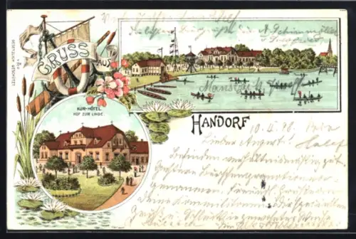 Lithographie Handorf, Kur-Hôtel Hof zur Linde, Ortspartie mit Booten
