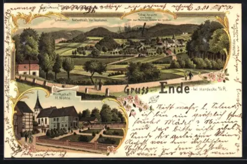 Lithographie Ende, Panorama von der Withener Strasse aus & Wirtschaft H. Möhle