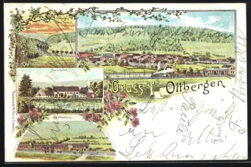 Lithographie Ottbergen, Klein Hamburg, Papierfabrik, Nethe Viaduct