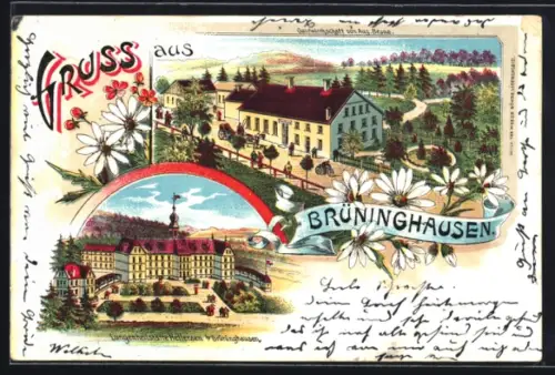 Lithographie Brüninghausen, Lungenheilstätte Hellersen, Gasthaus Aug. Brune