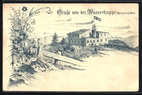 Lithographie Wasserkuppe /Rhöngebirg, Blick zur Hütte, datiert 1895