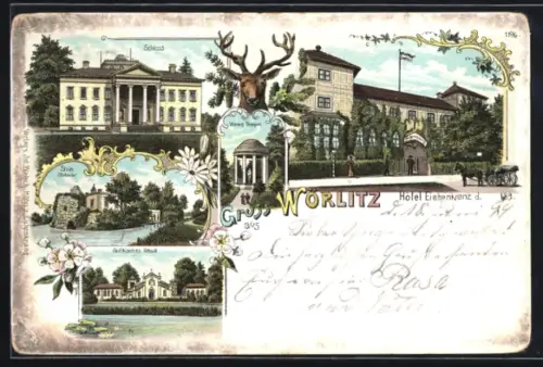 Lithographie Wörlitz, Hotel Eichenkranz, Schloss, Gotisches Haus