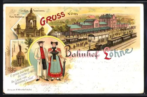 Lithographie Löhne, Bahnhof mit haltenden Zügen, Hermanns-Denkmal