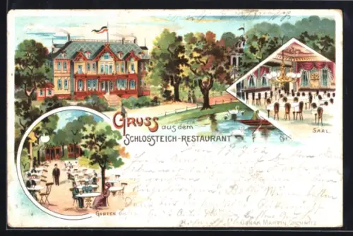 Lithographie Chemnitz, Schlossteich-Restaurant, Garten