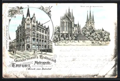 Lithographie Erfurt, Gundersmann`s Restaurant Metropole, Dom und St. Severikirche