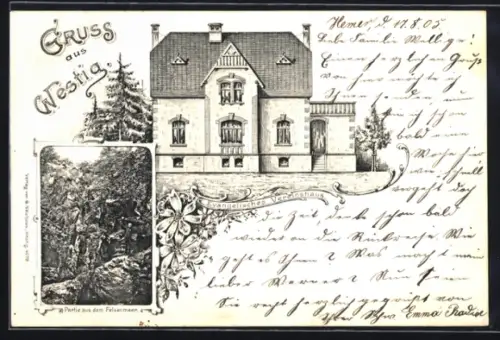 AK Westig, Partie aus dem Felsenmeer, Evangelisches Vereinshaus