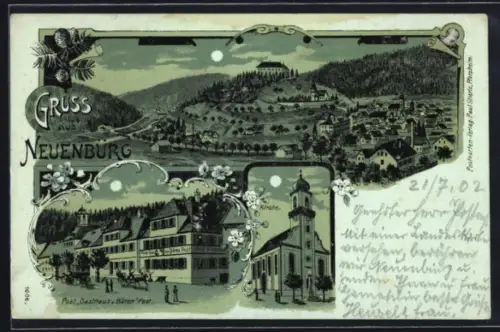 Mondschein-Lithographie Neuenbürg, Kirche, Gasthaus z. Bären, Post