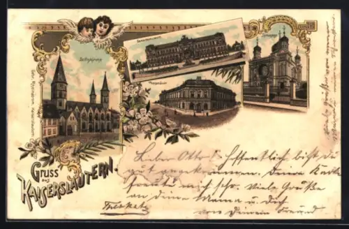 Lithographie Kaiserslautern, Synagoge, Stiftskirche, Postgebäude, Gewerbemuseum