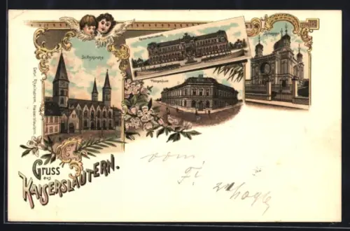 Lithographie Kaiserslautern, Synagoge, Gewerbemuseum, Postgebäude, Kleine Engel