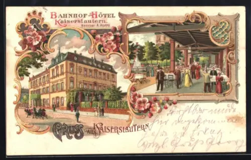 Lithographie Kaiserslautern, Strassenpartie vor dem Bahnhof-Hotel, Bes. A. Hoppe, Gästebereich aussen