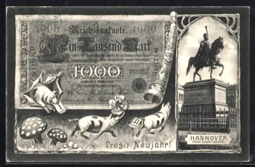 AK Hannover, Ernst August-Denkmal, Reichsbanknote 1000 Mark mit Schweinen
