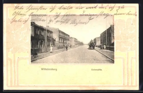 AK Wilhelmsburg, Partie in der Eichenallée mit Passanten und Wohnhäusern, Passepartout im Jugendstil