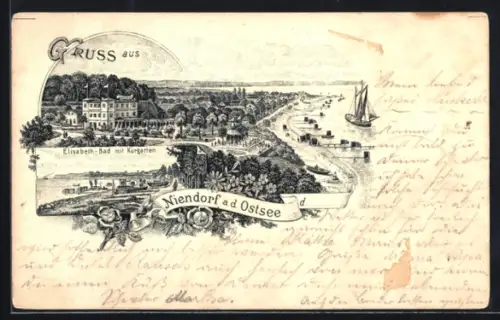 Lithographie Niendorf a. d. Ostsee, Elisabeth-Bad mit Kurgarten aus der Vogelschau und Strandpartie