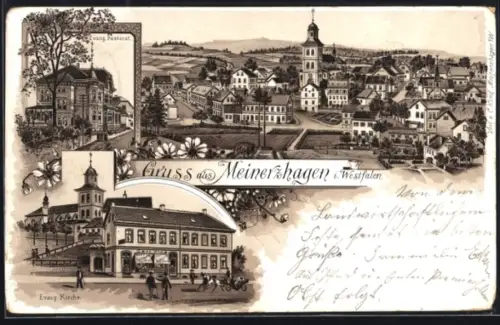 Lithographie Meinerzhagen i. Westfalen, Totalansicht mit Kirche, Evangelisches Pastorat und Geschäft von Carl Kind