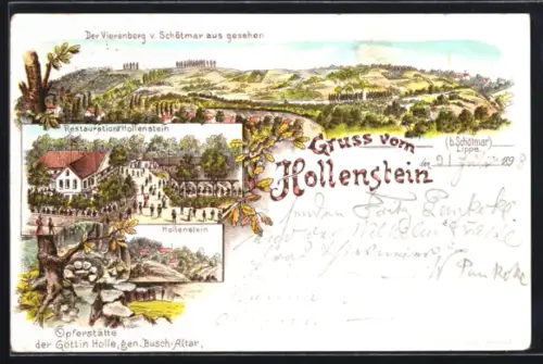 Lithographie Schötmar /Lippe, Restaurant Hollenstein, Blick auf den Vierenberg
