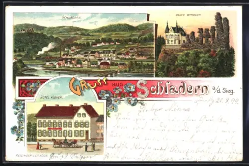 Lithographie Schladern a. d. Sieg, Totalansicht des Ortes, Burg Windeck und Hotel Klever