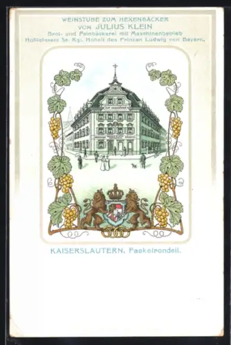Lithographie Kaiserslautern, Weinstube zum Hexenbäcker von Julius Klein am Fackelrondell, Wappen im Passepartout