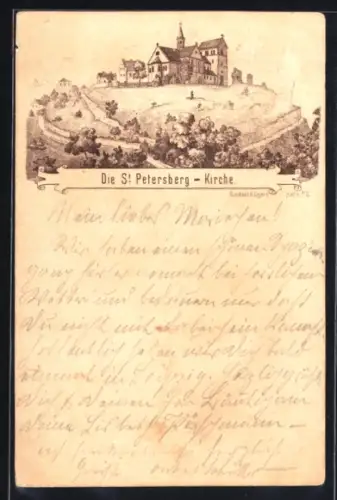 AK St. Petersberg, Kirche mit Friedhof und Umgebung