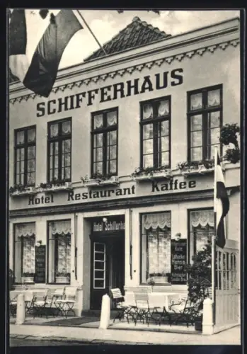 AK Travemünde, Hotel und Restaurant Schifferhaus, Bes. B. Schröder, Aussenbereich für Gäste