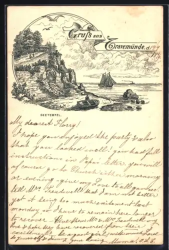 Lithographie Travemünde, Partie am Seetempel mit Segelboot in der Ferne