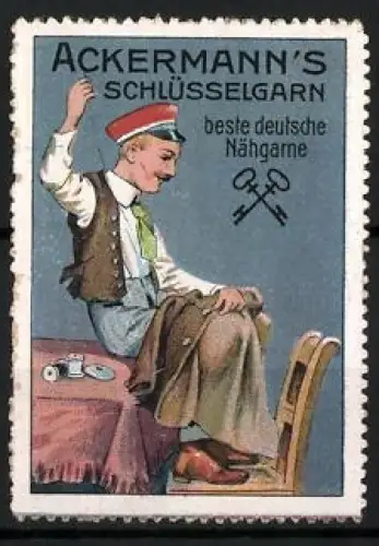 Reklamemarke Ackermann`s Schlüsselgarn, Mann beim Nähen