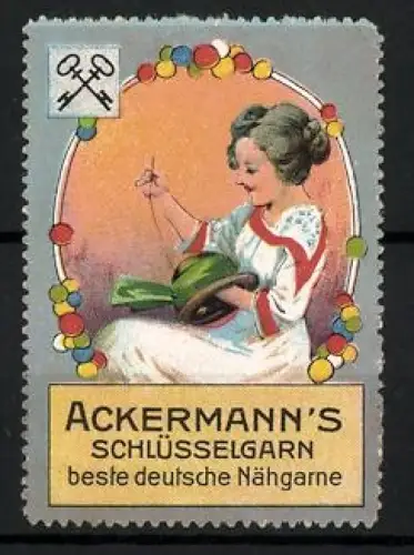 Reklamemarke Ackermann`s Schlüsselgarn, Frau beim Nähen