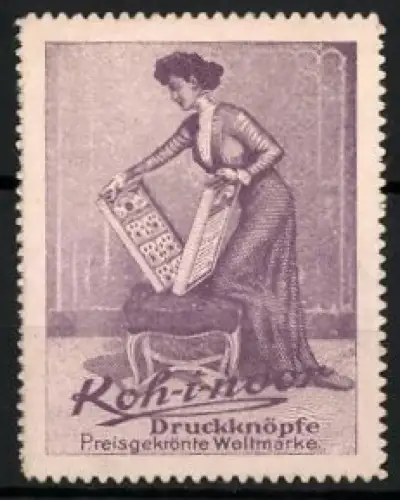 Reklamemarke Koh-i-noor, Druckknöpfe, Frau mit Knopfbox