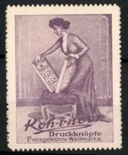 Reklamemarke Koh-i-noor Druckknöpfe, Frau mit Nähkästchen